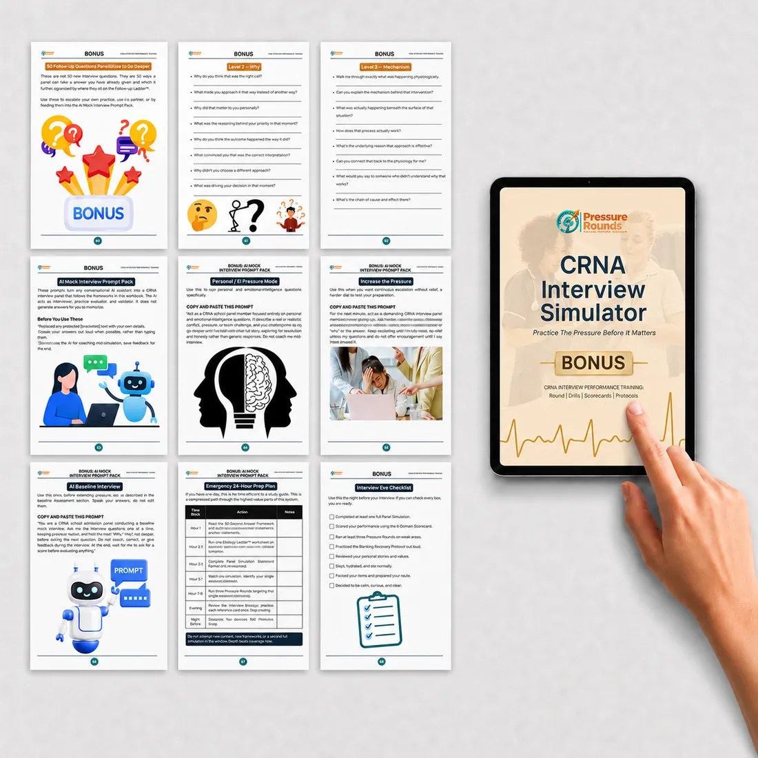 CRNA Interview Simulator bonus pages including follow-up questions and AI mock interview prompts