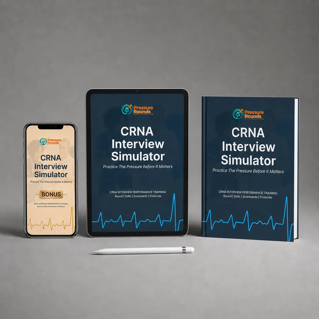 CRNA Interview Simulator bonus bundle shown on phone, tablet and handbook